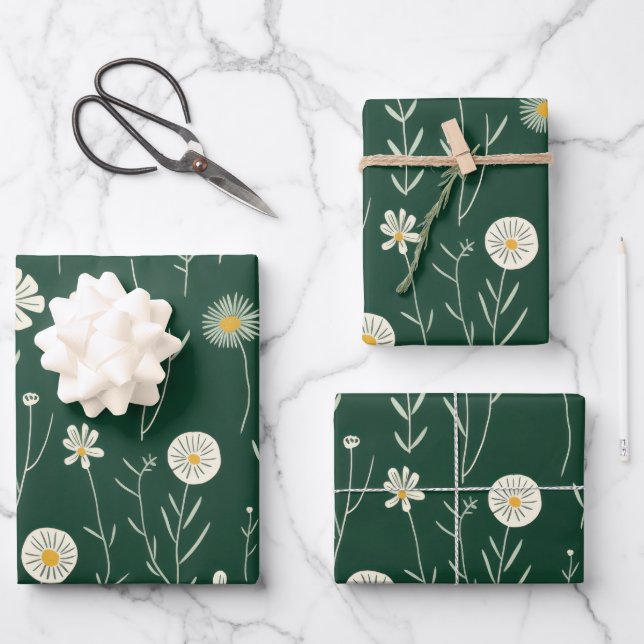 Elegant Wildflower Pattern on Dark Green  Wrapping Paper Sheets (Front)