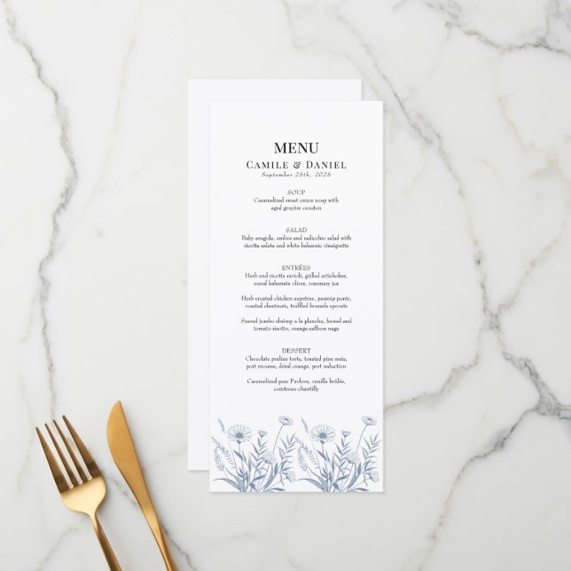 Elegant Wildflower Periwinkle Wedding Menu (Front/Back In Situ)