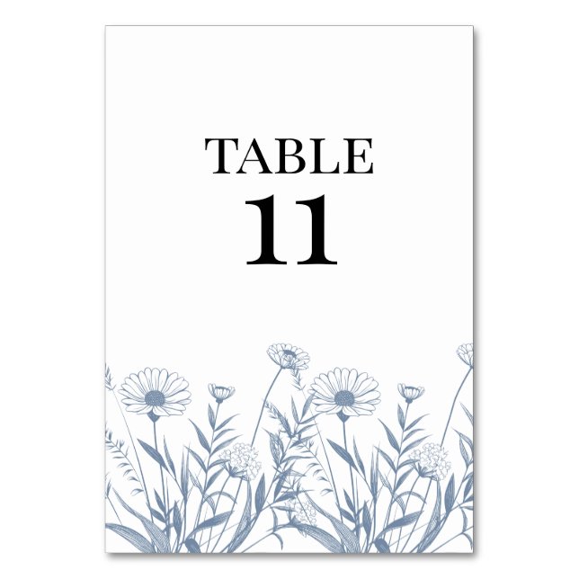 Elegant Wildflower Periwinkle Wedding Table Number (Back)