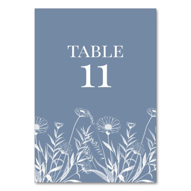 Elegant Wildflower Periwinkle Wedding Table Number (Back)