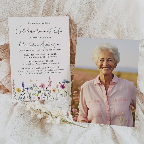 Elegant Wildflower Photo Celebration of Life Invitation