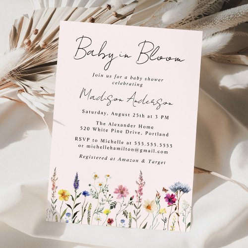 Elegant Wildflower Pink Baby in Bloom Baby Shower Invitation