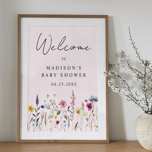 Elegant Wildflower Pink Baby Shower Welcome Sign