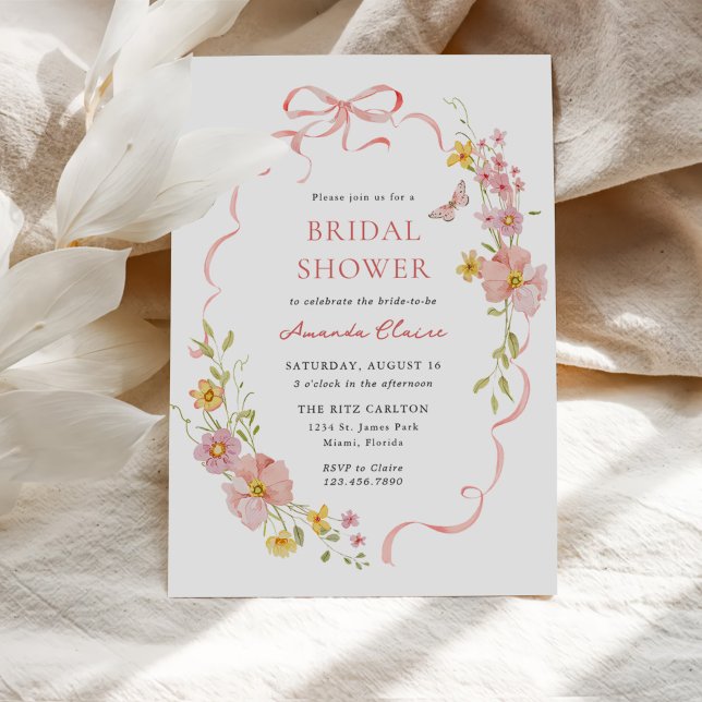 Elegant Wildflower Pink Bow Bridal Shower Invitation (Creator Uploaded)