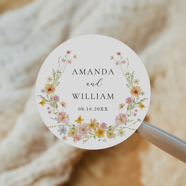 Elegant Wildflower Pink Bow Wedding Classic Round Sticker (Creator Uploaded)