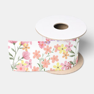 Elegant Wildflower Pink Flower Garden  Satin Ribbon