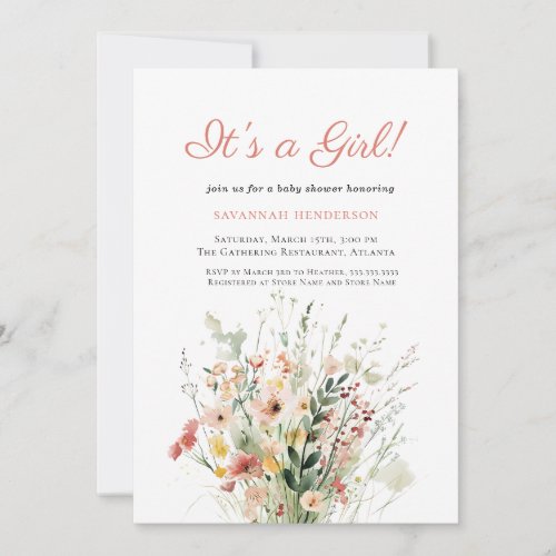 Elegant Wildflower Pink Its a Girl Shower Invitation