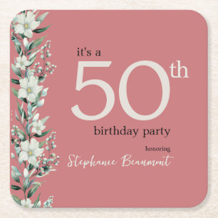 Elegant Wildflower Pink Surprise 50th Birthday  Square Paper Coaster