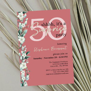 Elegant Wildflower Red Surprise 50th Birthday  Invitation