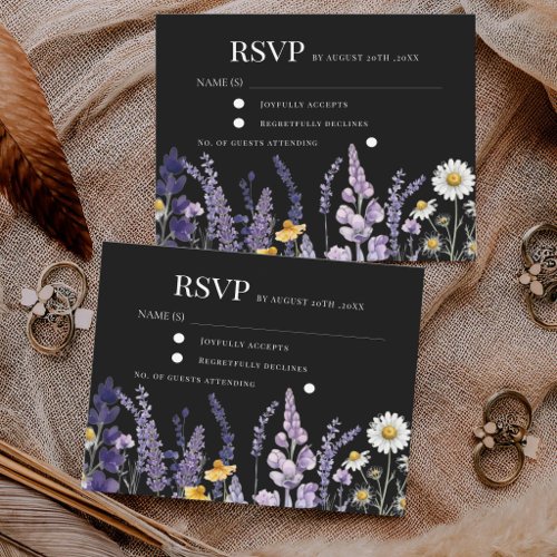 Elegant Wildflower Rustic Black Wedding RSVP Card