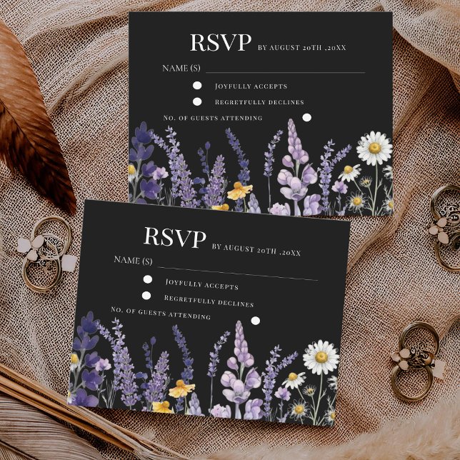 Elegant Wildflower Rustic Black Wedding RSVP Card (Creator Uploaded)