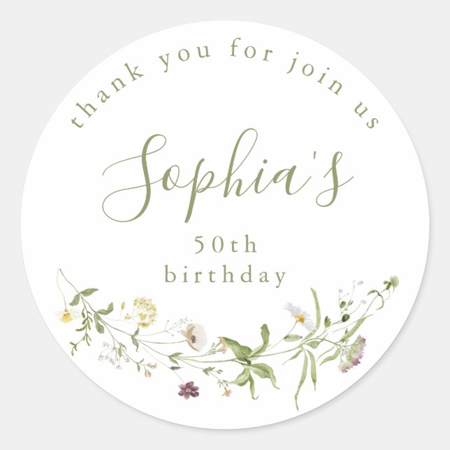 Elegant Wildflower Rustic Boho Birthday Favors Classic Round Sticker (Front)
