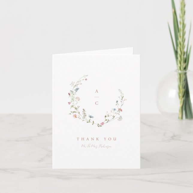 Elegant Wildflower Rustic Boho Wedding monogram Thank You Card (Front)