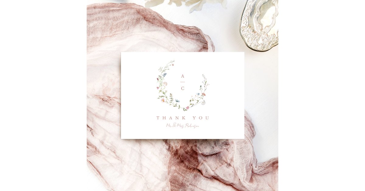 Elegant Wildflower Rustic Boho Wedding monogram Thank You Card | Zazzle