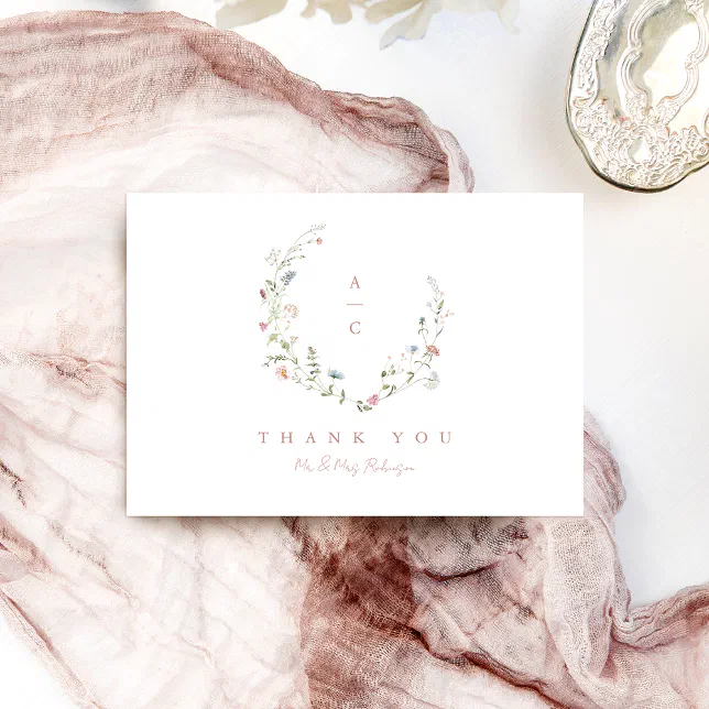 Elegant Wildflower Rustic Boho Wedding monogram Thank You Card | Zazzle