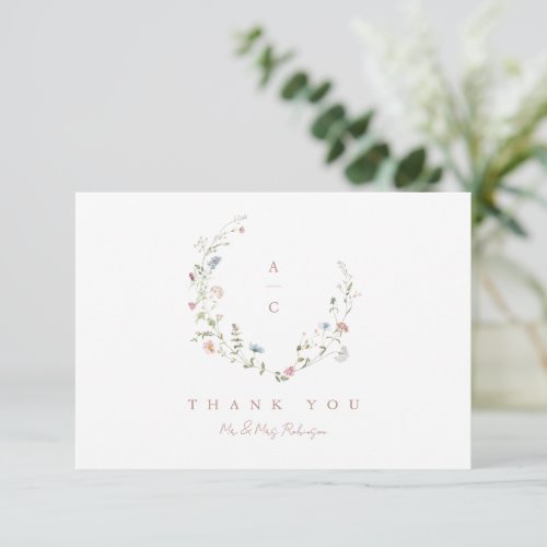 Elegant Wildflower Rustic Boho Wedding monogram Thank You Card
