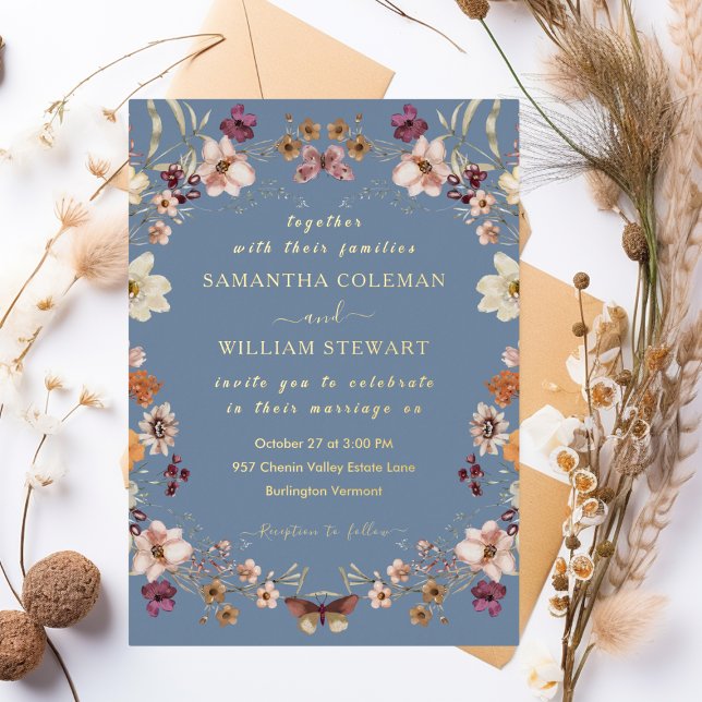 Elegant Wildflower Rustic Periwinkle Wedding Foil Invitation (Creator Uploaded)