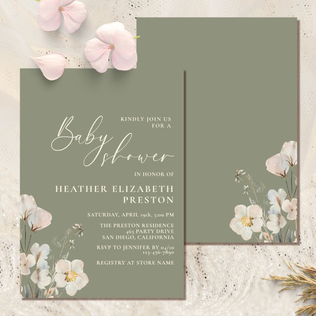 Elegant Wildflower Sage Green Baby Shower Invitation (Creator Uploaded)