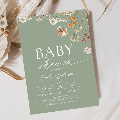 Wildflower Sage green Floral or wildflower baby shower invitation