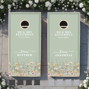 Elegant Wildflower Sage Green Wedding Cornhole Set