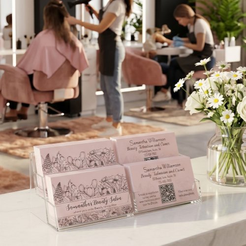 Elegant Wildflower Sketch Blush Pink Blac QR Code Business Card