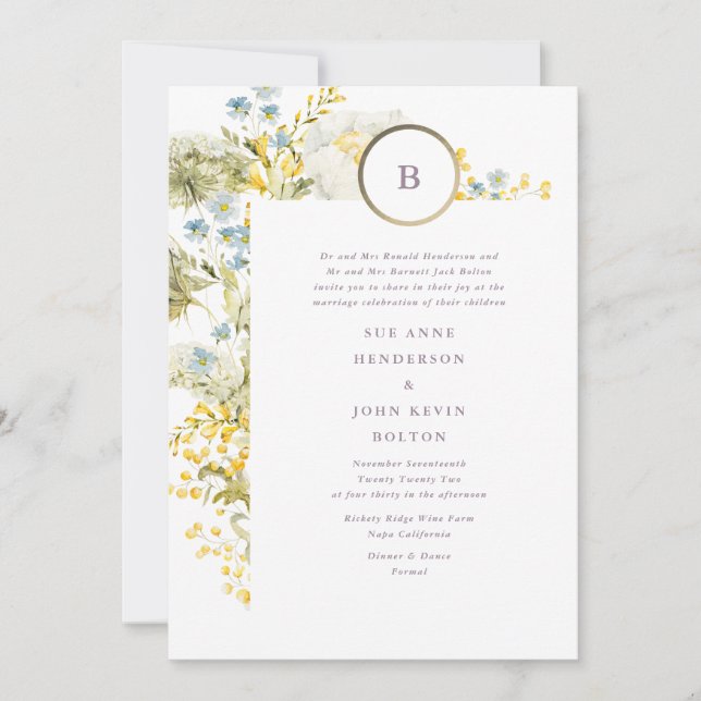 Elegant Wildflower Spring Boho Pampas Wedding Invitation (Front)