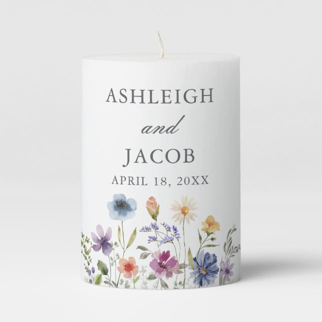 Elegant Wildflower Spring Wedding Personalized Pillar Candle (Front)
