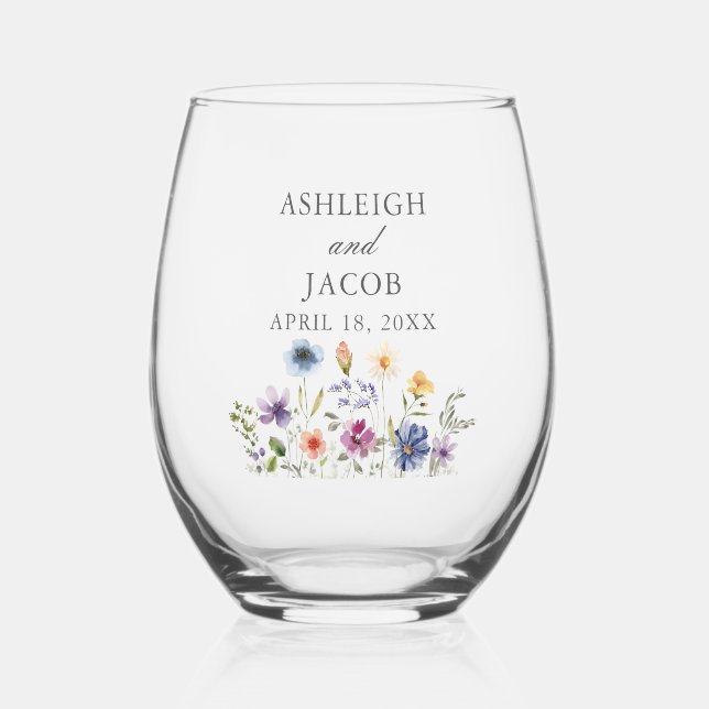 Elegant Wildflower Spring Wedding Personalized Stemless Wine Glass (Front)