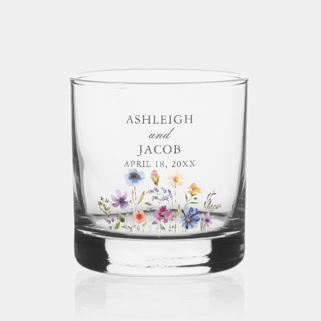 Elegant Wildflower Spring Wedding Personalized Whiskey Glass (Front)