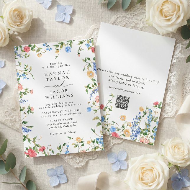 Elegant Wildflower Summer QR Code RSVP Wedding Invitation (Creator Uploaded)