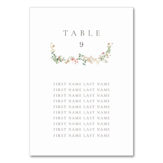 Elegant Wildflower Table Number w/ Names (Front)