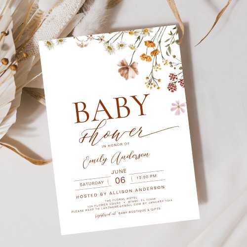 Wildflower Terracotta Floral or wildflower baby shower invitation