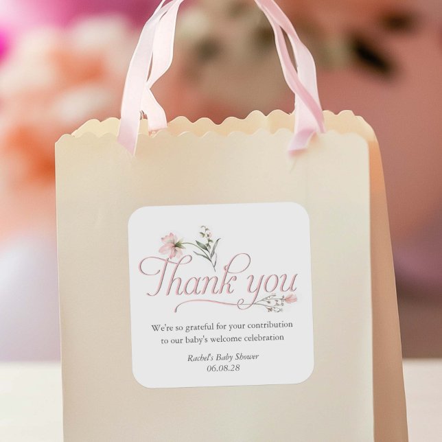 Elegant Wildflower themed Baby Shower favor thank  Square Sticker (Elegant Pink Wildflower, Baby Girl shower favor thank you stickers.)
