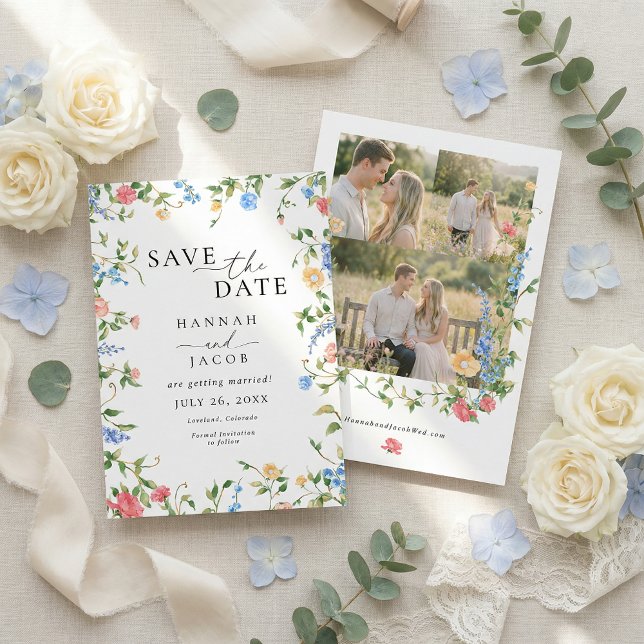 Elegant Wildflower Three Photo Wedding Save The Date (Creator Uploaded)