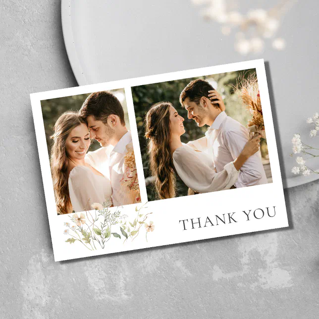 Elegant Wildflower Two Photo Wedding Thank You Card | Zazzle