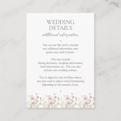 Elegant Wildflower Vintage Garden Wedding Details Enclosure Card