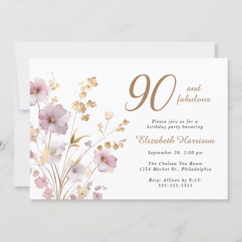Elegant Wildflower Watercolor 90th Birthday Party Invitation