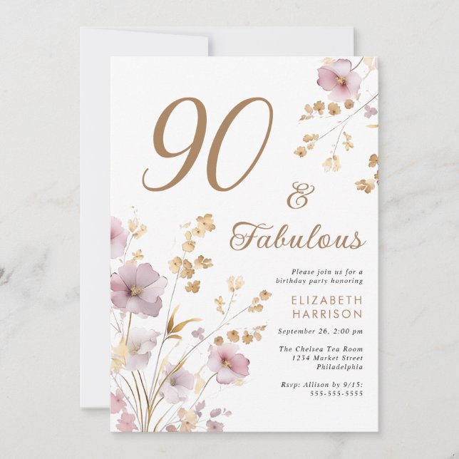 Elegant Wildflower Watercolor 90th Birthday Party Invitation (Front)