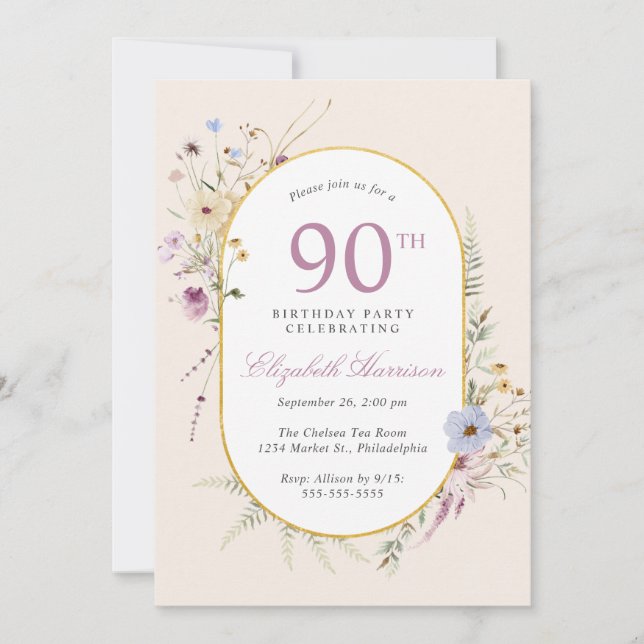 Elegant Wildflower Watercolor 90th Birthday Party Invitation (Front)
