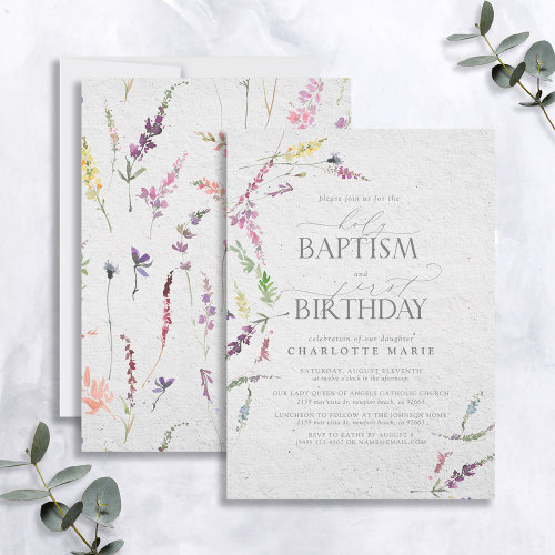 Elegant Wildflower Watercolor Baptism 1st Birthday