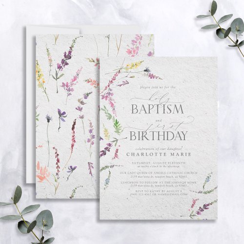 Elegant Wildflower Watercolor Baptism 1st Birthday Invitation