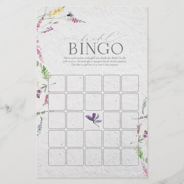 Elegant Wildflower Watercolor Bridal Bingo Game (Front)