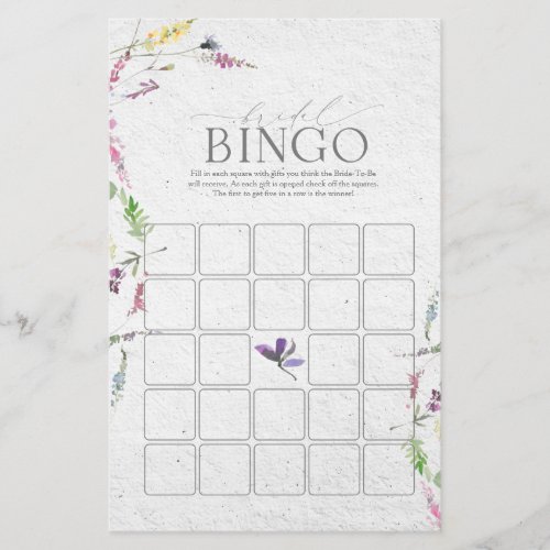 Elegant Wildflower Watercolor Bridal Bingo Game - Modern, elegant bridal shower game "bridal bingo" featuring watercolor wildflower motifs in soft shades of blush pink, lilac and lavender, yellows, blues and delicate green botanical leaves. Part of a co-ordinated suite. View suite here: https://www.zazzle.com/collections/elegant_wildflower_watercolor_floral_bridal_shower-119635760261893795 Contact designer for matching products. Copyright Anastasia Surridge for Elegant Invites, all rights reserved.

