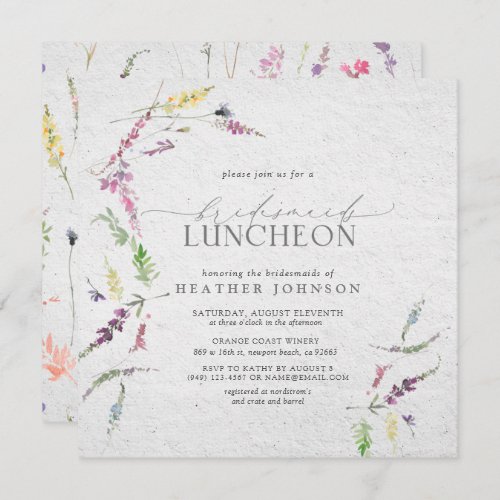 Elegant Wildflower Watercolor Bridal Luncheon Invitation - The Elegant Wildflower Watercolor Floral Bridal Luncheon Invitation is a modern way to celebrate and thank your bridesmaids a few days before the wedding, for all the help they've given you with your wedding. This invitation design features watercolor wildflower motifs in soft shades of blush pink, lilac and lavender, yellows, blues and delicate green botanical leaves. Personalize your bridal luncheon details in off-black, accented with beautiful modern hand lettered calligraphy. Part of a co-ordinated suite. View suite here: https://www.zazzle.com/collections/elegant_wildflower_watercolor_floral_bridal_shower-119635760261893795 Contact designer for matching products. Copyright Anastasia Surridge for Elegant Invites, all rights reserved.

