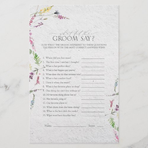 Elegant Wildflower Watercolor Bridal Shower Game