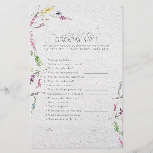 Elegant Wildflower Watercolor Bridal Shower Game (Front)