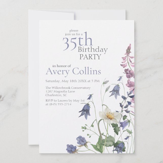 Elegant Wildflower Watercolor Floral 35th Birthday Invitation (Front)