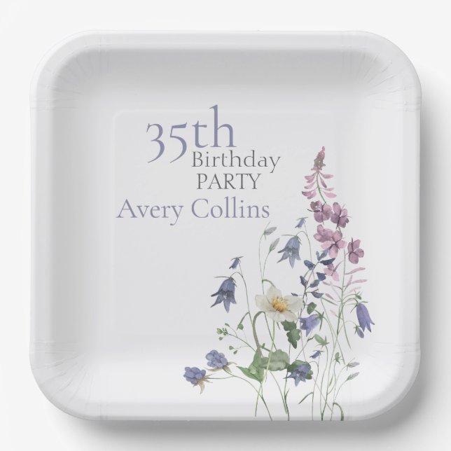 Elegant Wildflower Watercolor Floral 35th Birthday Paper Plates (Front)