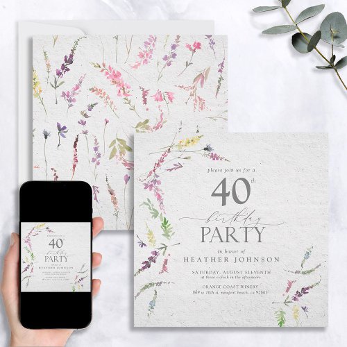 Elegant Wildflower Watercolor Floral 40th Birthday Invitation