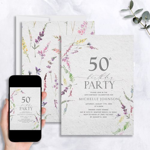 Elegant Wildflower Watercolor Floral 50th Birthday Invitation